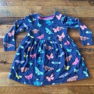 Mini Boden Girls' Navy Butterfly Print Long-Sleeve Dress with pockets 2-3Year